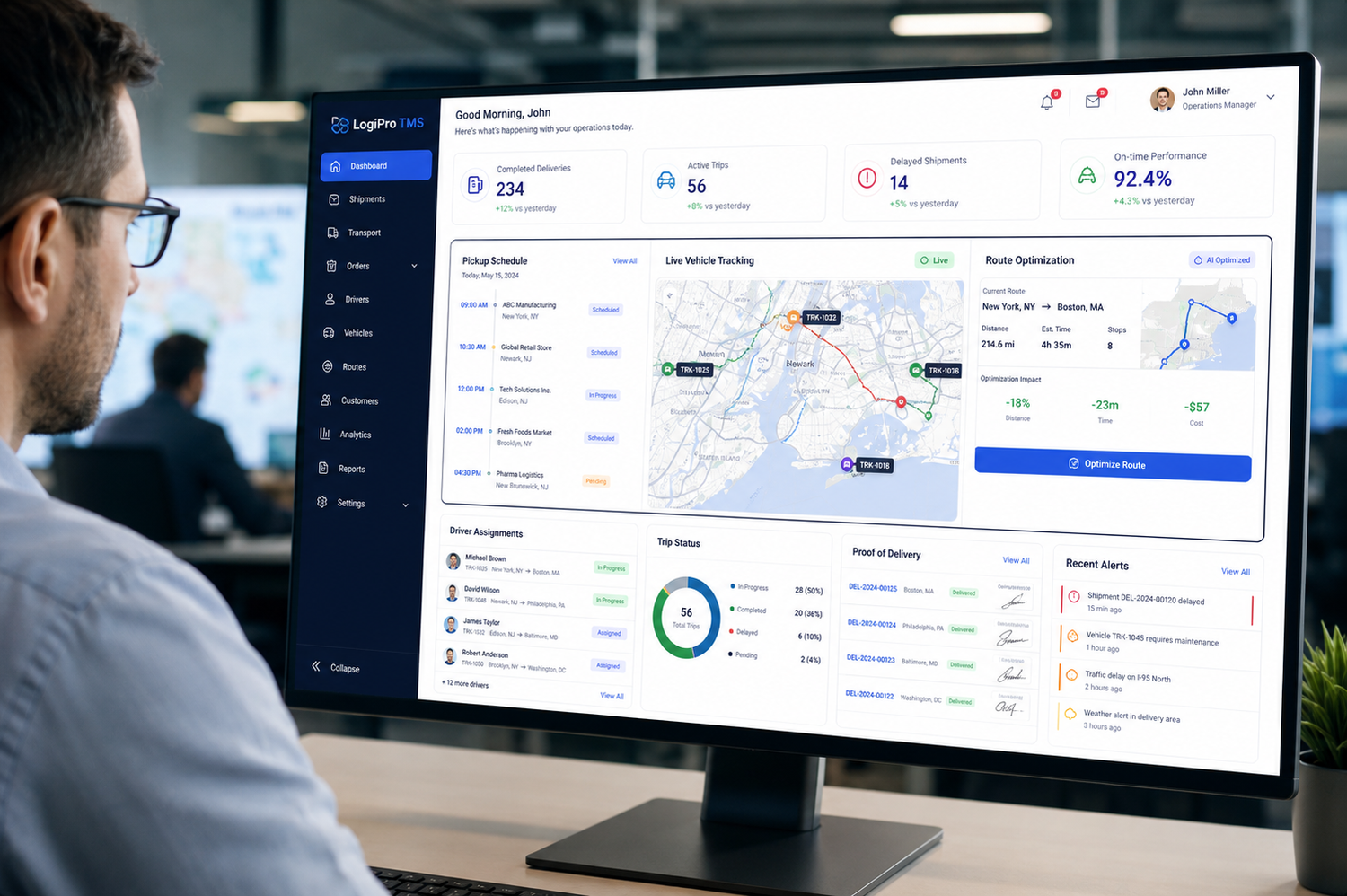 Transport management system showing pickup planning, delivery tracking and trip management