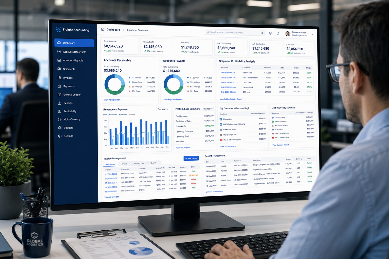 Freight accounting software dashboard with invoicing, accounts receivable and financial reports